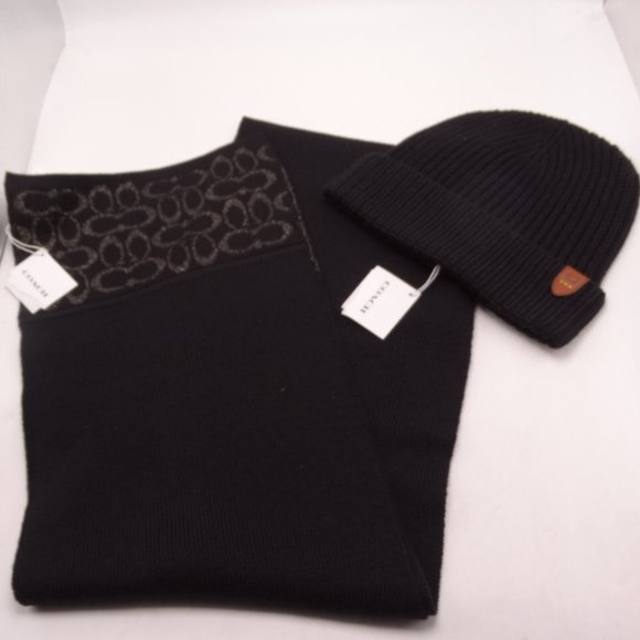Coach Black Signature Knit Oblong Scarf C5127 & Rib Knit Hat 86553 New with Tags - Picture 1 of 3